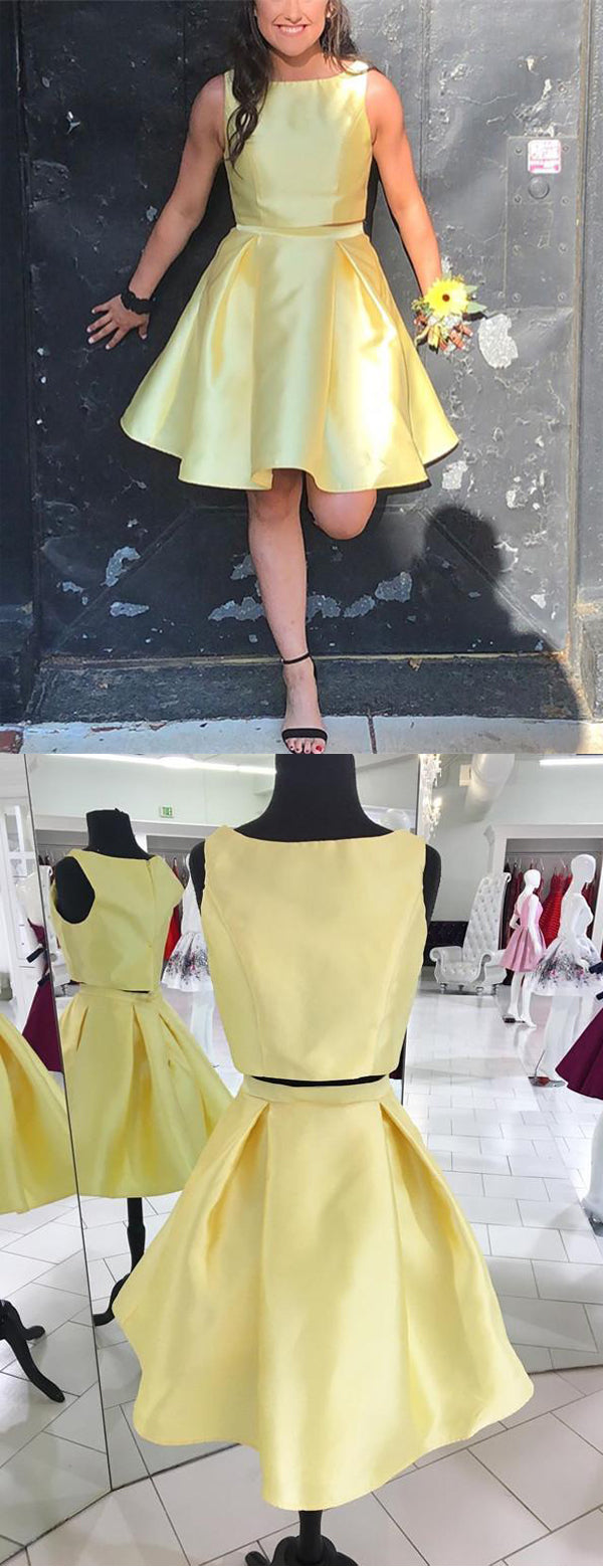 Elegant Bateau Two Piece Yellow Charming Homecoming Dresses, HD0042