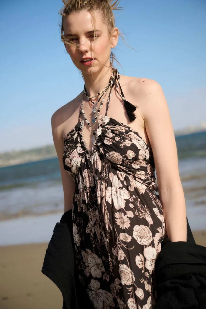 Elegant Blossoms Floral Crepe Halter Maxi Dress - ShopPromesa