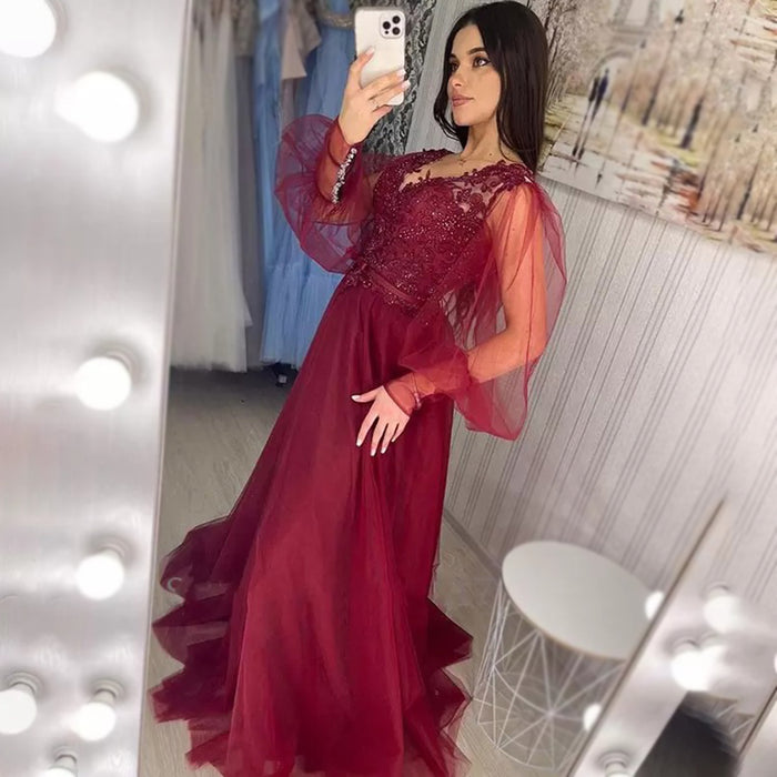 Elegant Burgundy Lace Top V-neck Tulle Sleeves A-line Prom Dress, PD3324