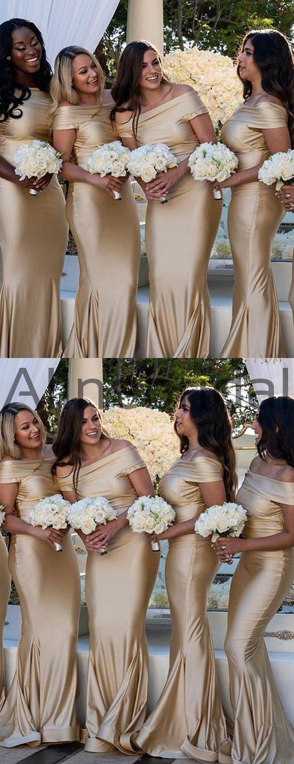 Elegant Champagne Off Shoulder Mermaid Bridesmaid Dresses, AB4065