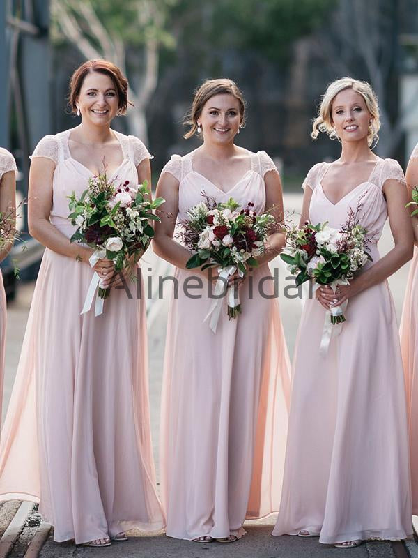 Elegant Chiffon Cap Sleeves Blush A-line Long Bridesmaid Dresses, AB4107