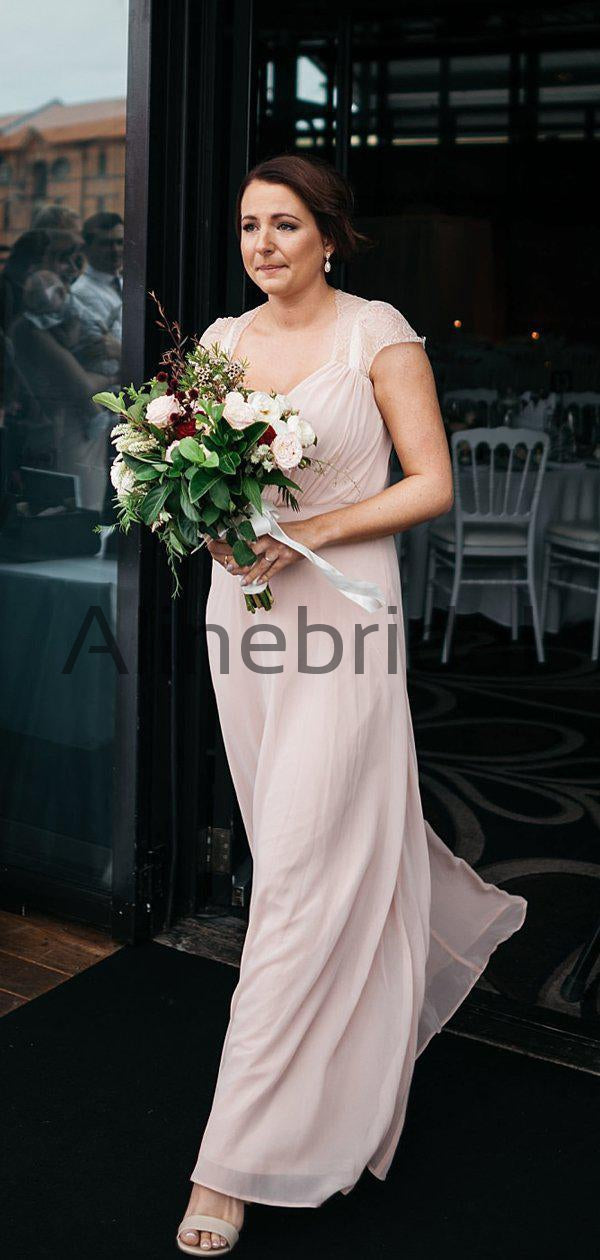 Elegant Chiffon Cap Sleeves Blush A-line Long Bridesmaid Dresses, AB4107