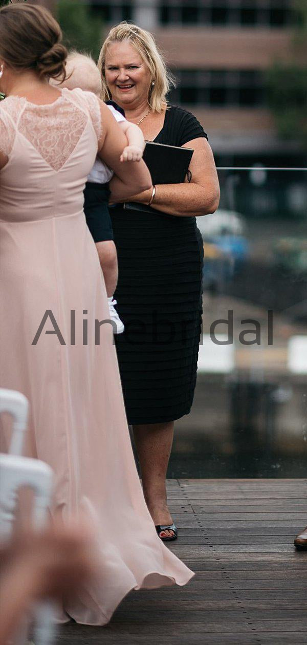 Elegant Chiffon Cap Sleeves Blush A-line Long Bridesmaid Dresses, AB4107
