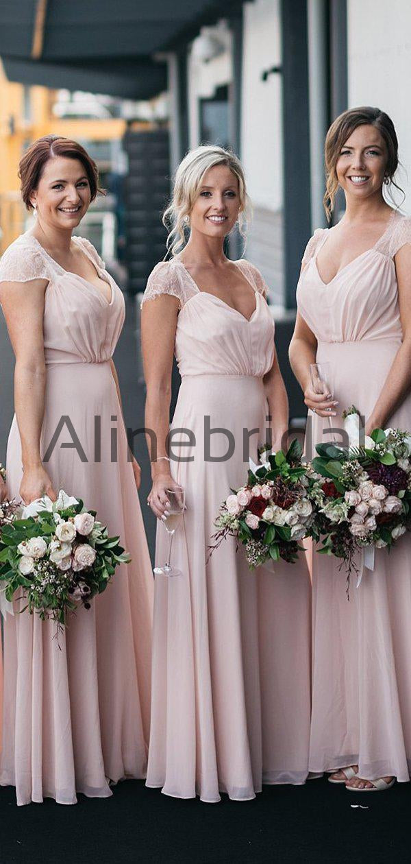 Elegant Chiffon Cap Sleeves Blush A-line Long Bridesmaid Dresses, AB4107