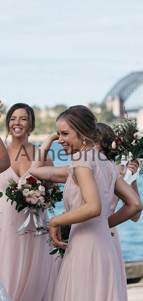 Elegant Chiffon Cap Sleeves Blush A-line Long Bridesmaid Dresses, AB4107
