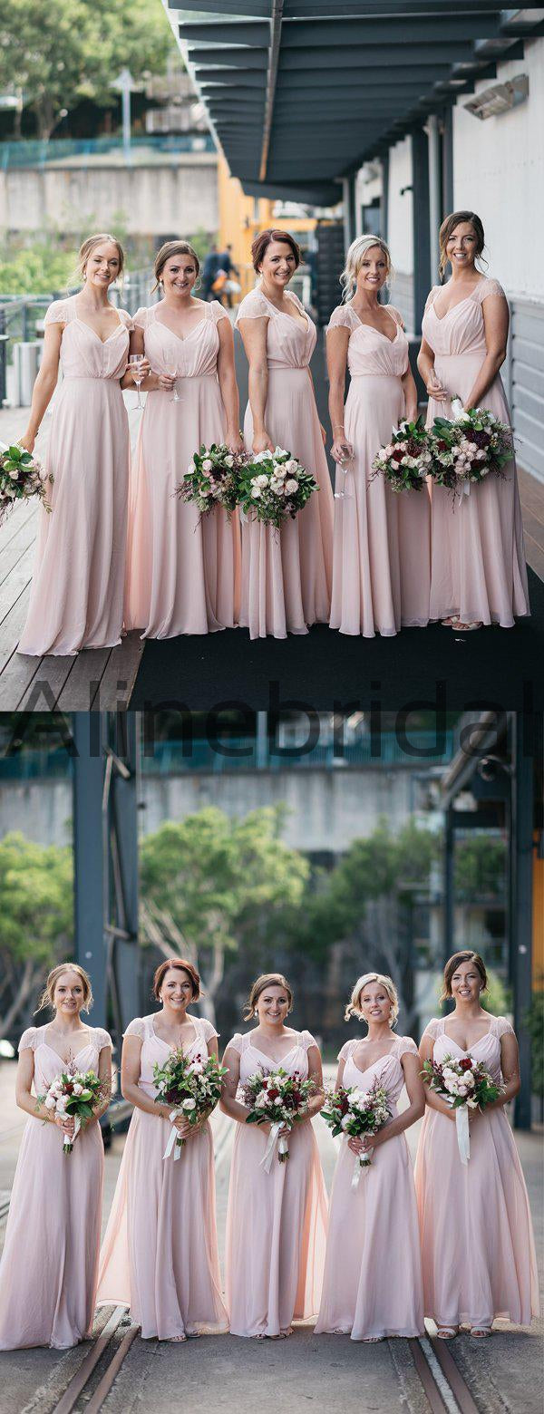 Elegant Chiffon Cap Sleeves Blush A-line Long Bridesmaid Dresses, AB4107