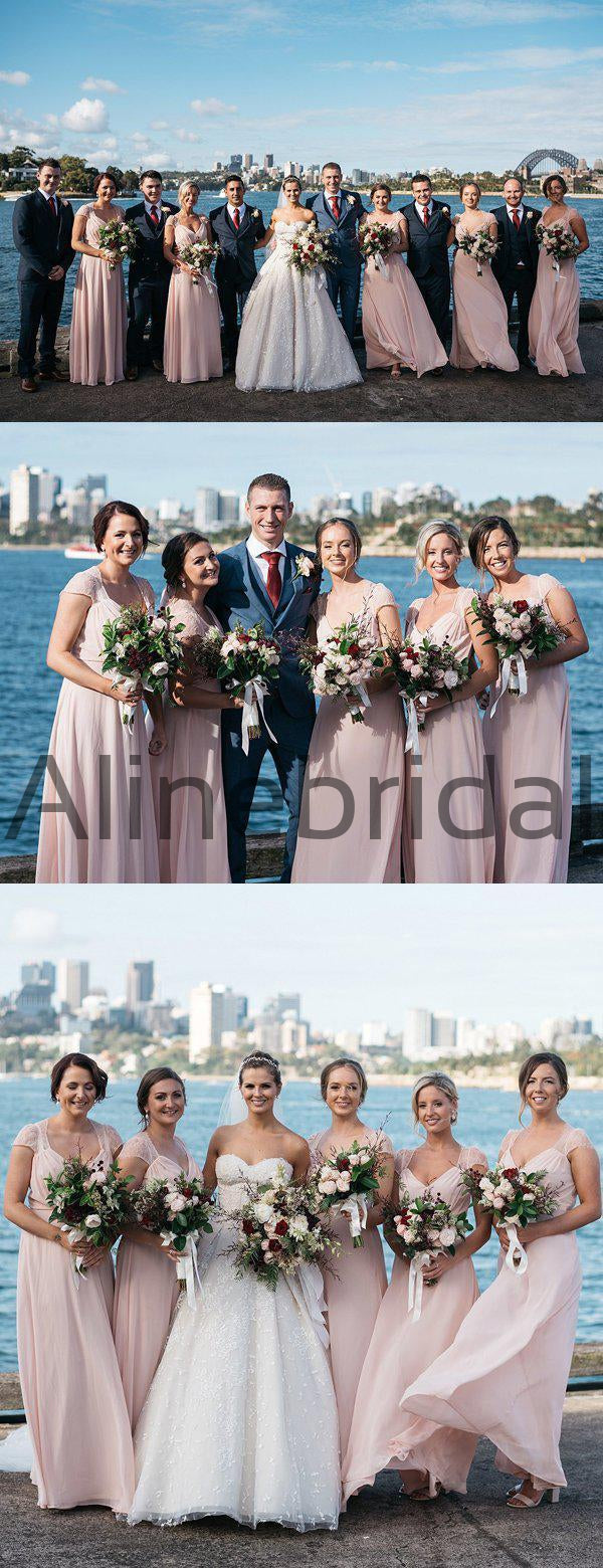 Elegant Chiffon Cap Sleeves Blush A-line Long Bridesmaid Dresses, AB4107