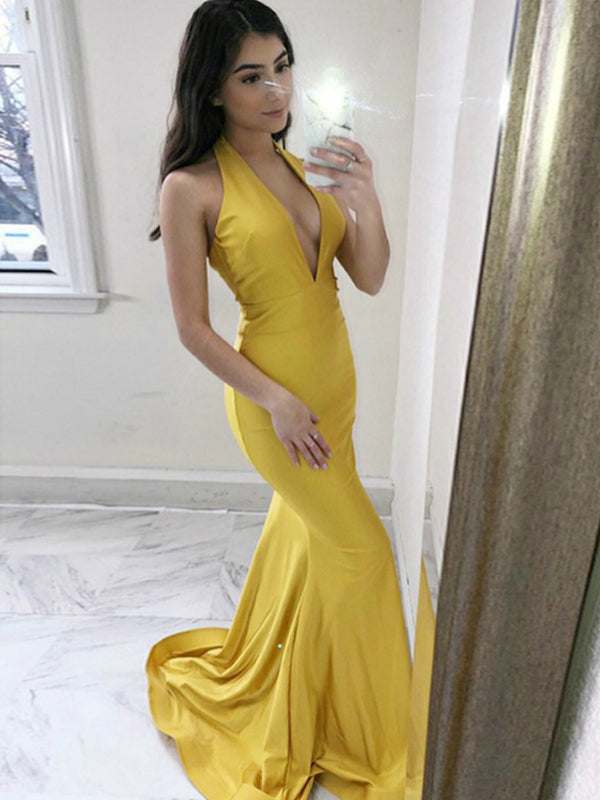 Elegant Deep V-neck Halter Yellow Mermaid Prom Dress, Evening Dress, PD00372
