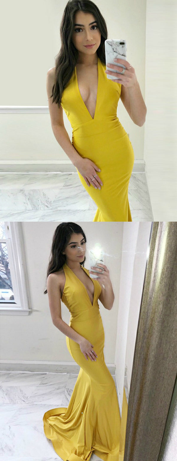 Elegant Deep V-neck Halter Yellow Mermaid Prom Dress, Evening Dress, PD00372