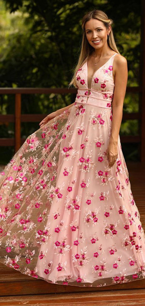 Elegant Floral Appliques Rose Pink Sleeveless A-line Wedding Guest Dress, Evening Dress, PD00257