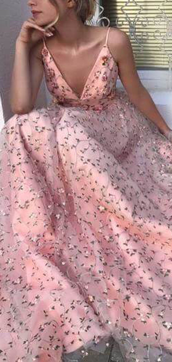 Elegant Floral Applques Spaghetti Strap V-neck Pink A-line Prom Dress, Evening Dress, PD00250
