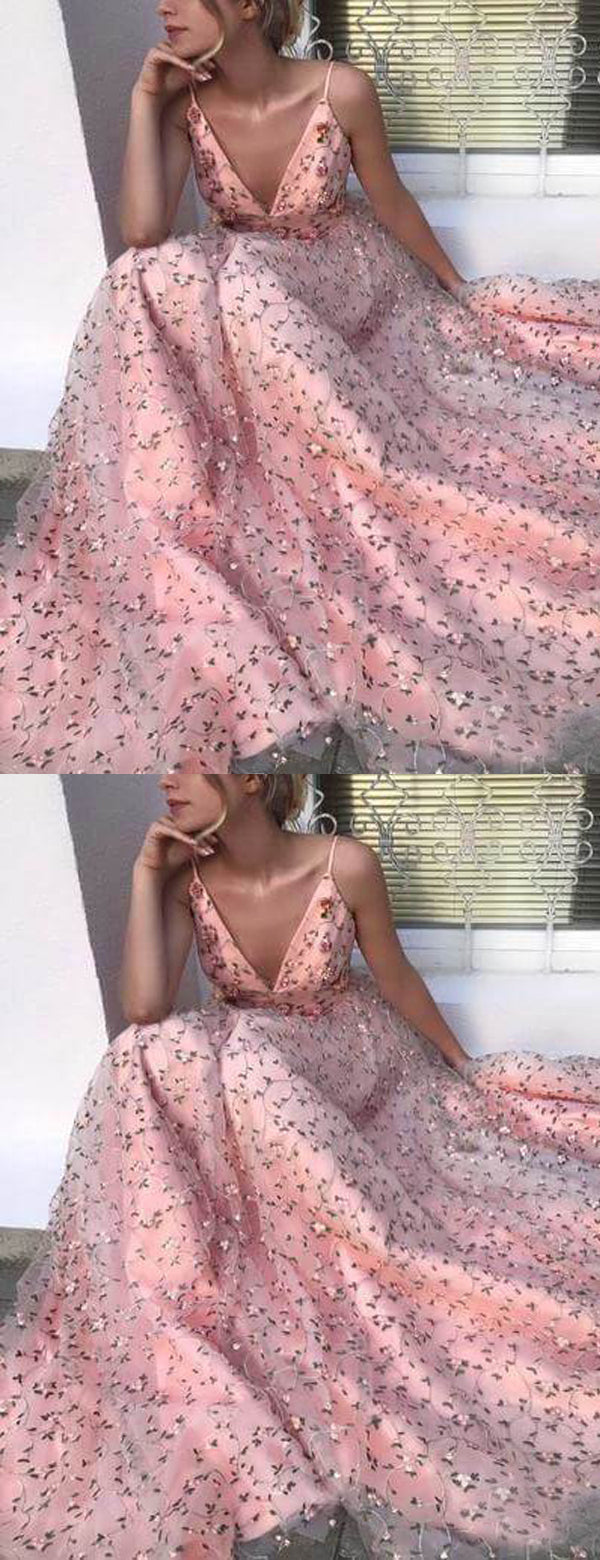 Elegant Floral Applques Spaghetti Strap V-neck Pink A-line Prom Dress, Evening Dress, PD00250