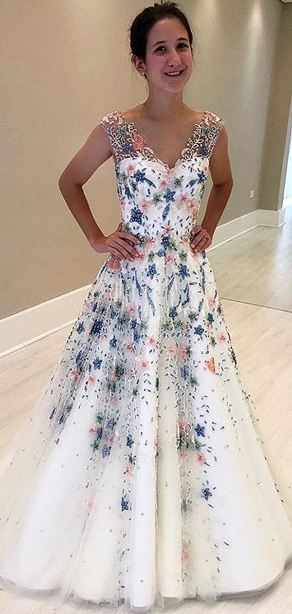Elegant Floral Beaded Ivory A-line Prom Dress, Evening Dress, PD00216