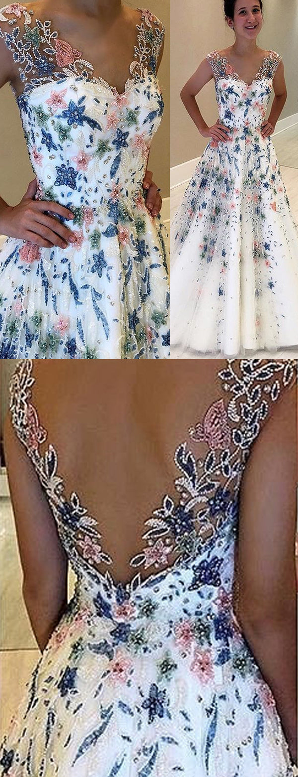 Elegant Floral Beaded Ivory A-line Prom Dress, Evening Dress, PD00216