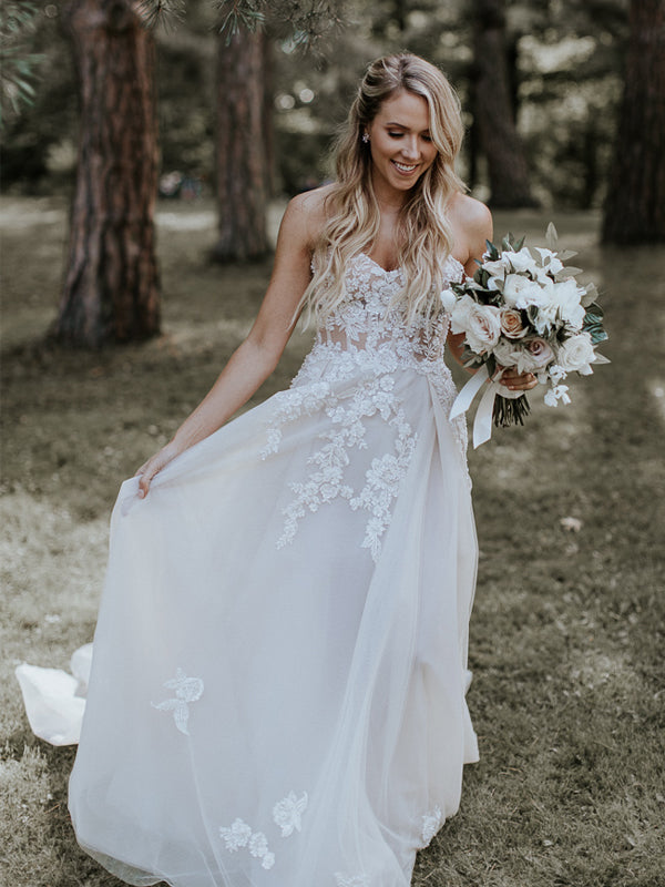 Elegant Floral Lace Strapless A-line Tulle Forest Wedding Dresses, AB1553