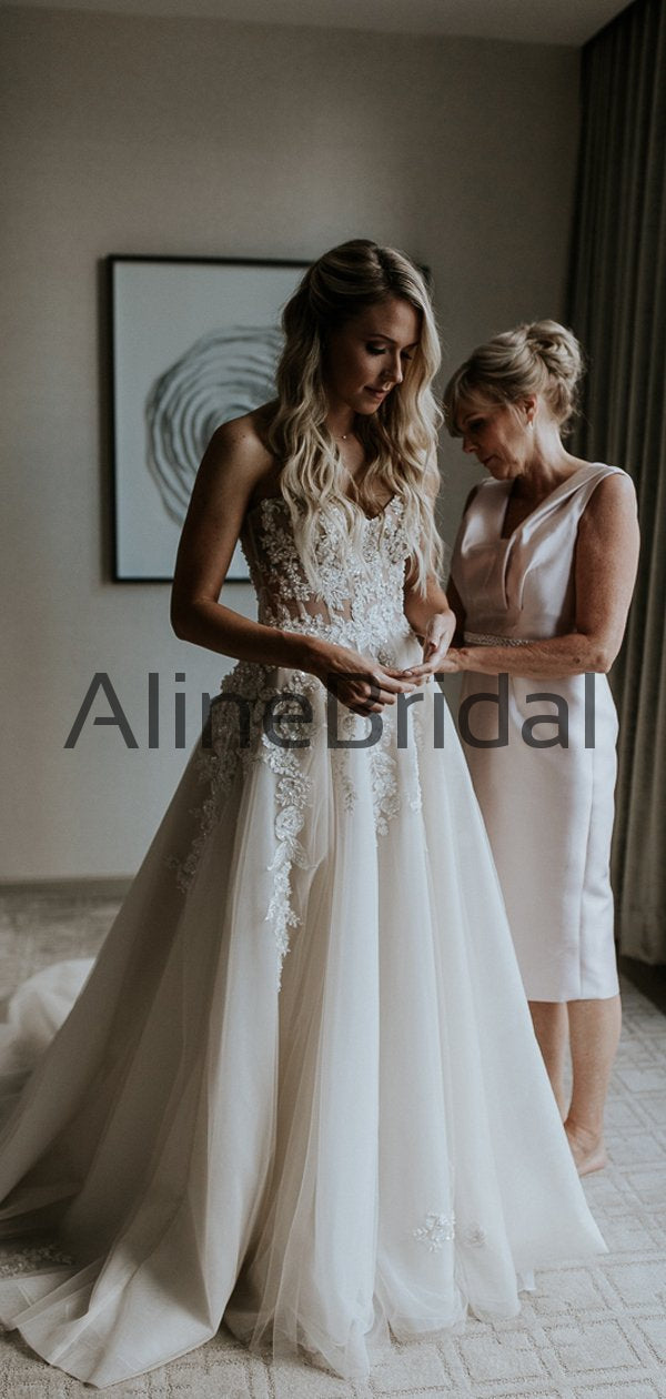 Elegant Floral Lace Strapless A-line Tulle Forest Wedding Dresses, AB1553