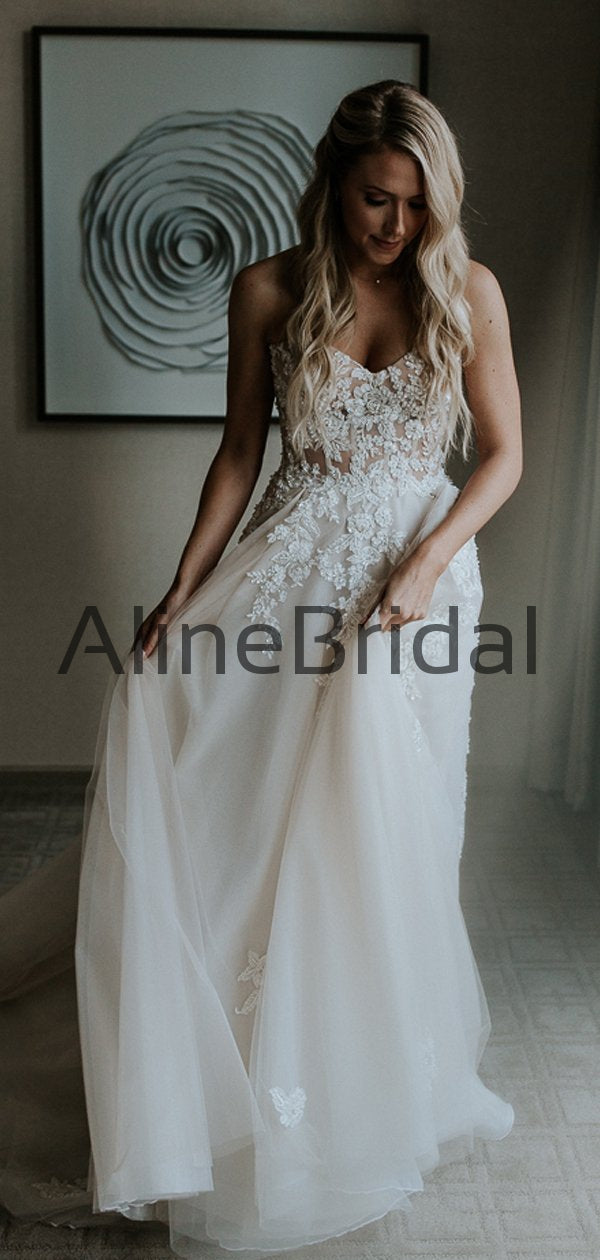 Elegant Floral Lace Strapless A-line Tulle Forest Wedding Dresses, AB1553