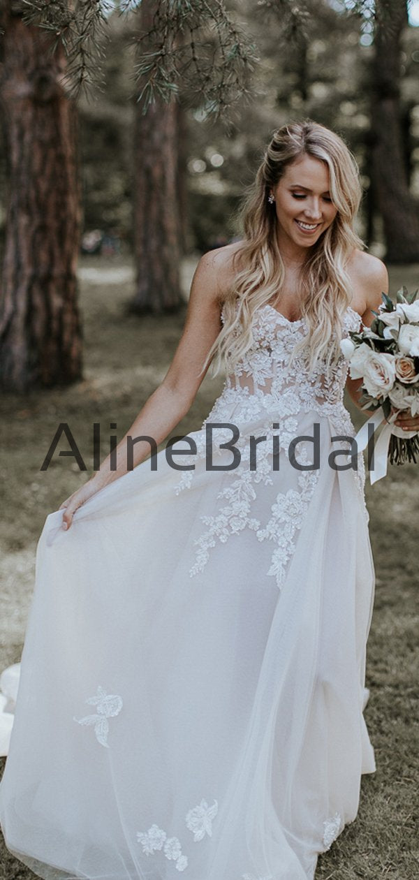 Elegant Floral Lace Strapless A-line Tulle Forest Wedding Dresses, AB1553