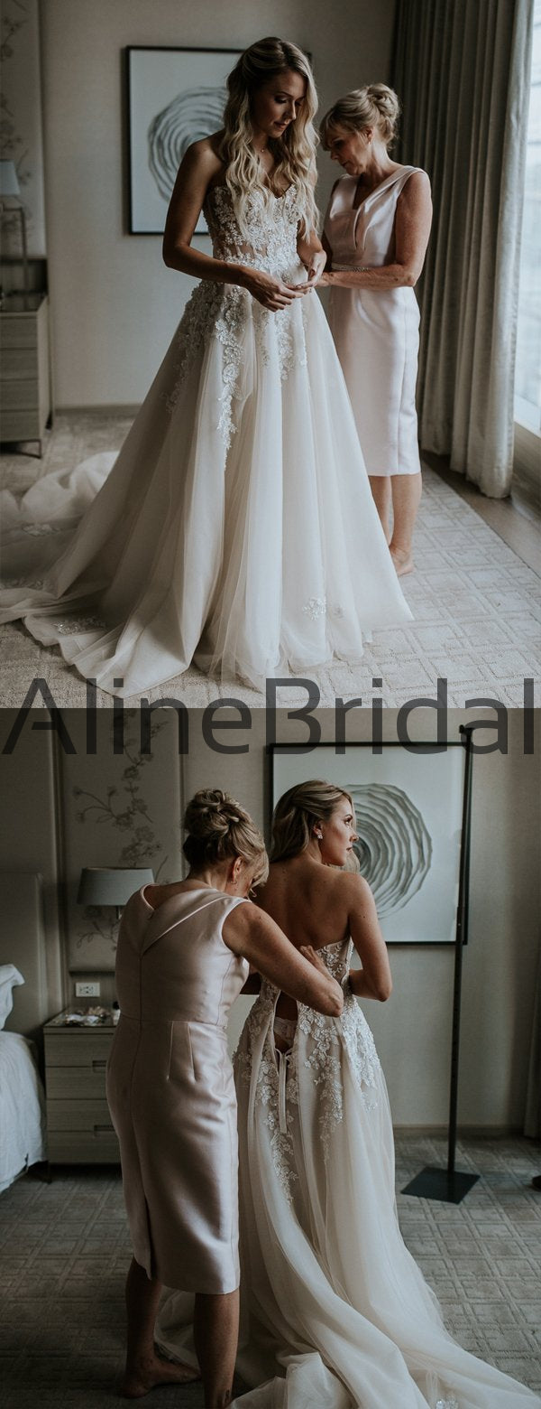 Elegant Floral Lace Strapless A-line Tulle Forest Wedding Dresses, AB1553