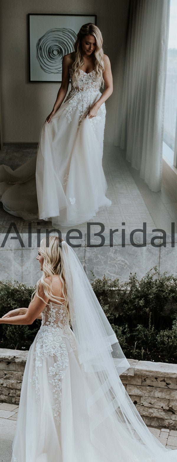 Elegant Floral Lace Strapless A-line Tulle Forest Wedding Dresses, AB1553