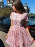Elegant Full Neck Short Sleeves Floral Appliques A-line Short Homecoming Dress, HD3074
