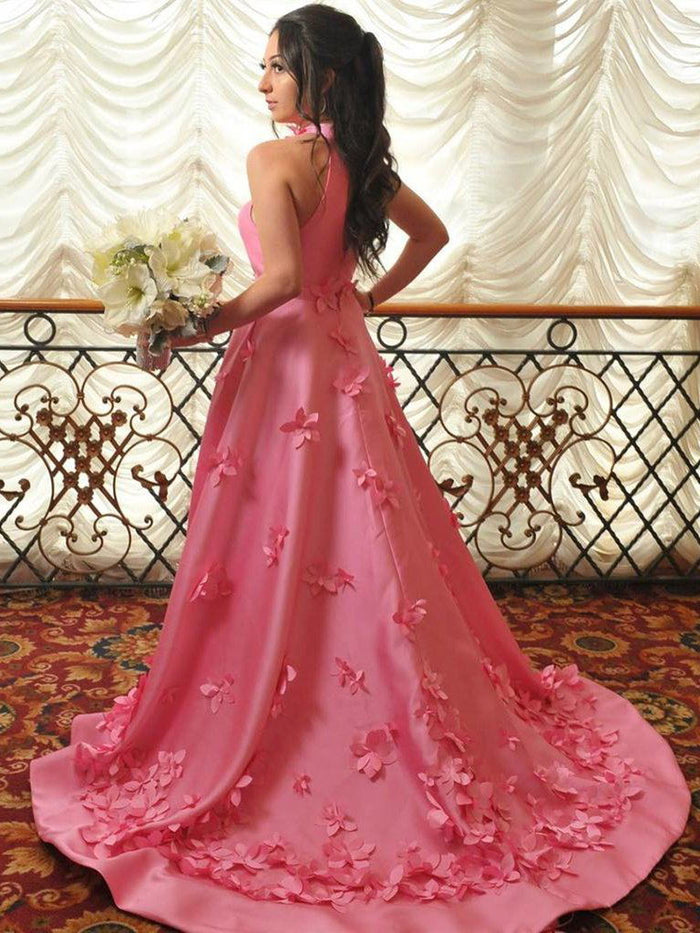 Elegant Hot Pink Halter Floral Applques A-line Long Prom Dress, Evening Dress, PD3183