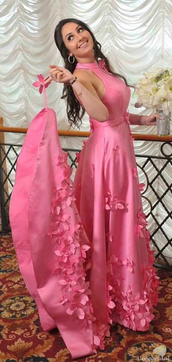 Elegant Hot Pink Halter Floral Applques A-line Long Prom Dress, Evening Dress, PD3183