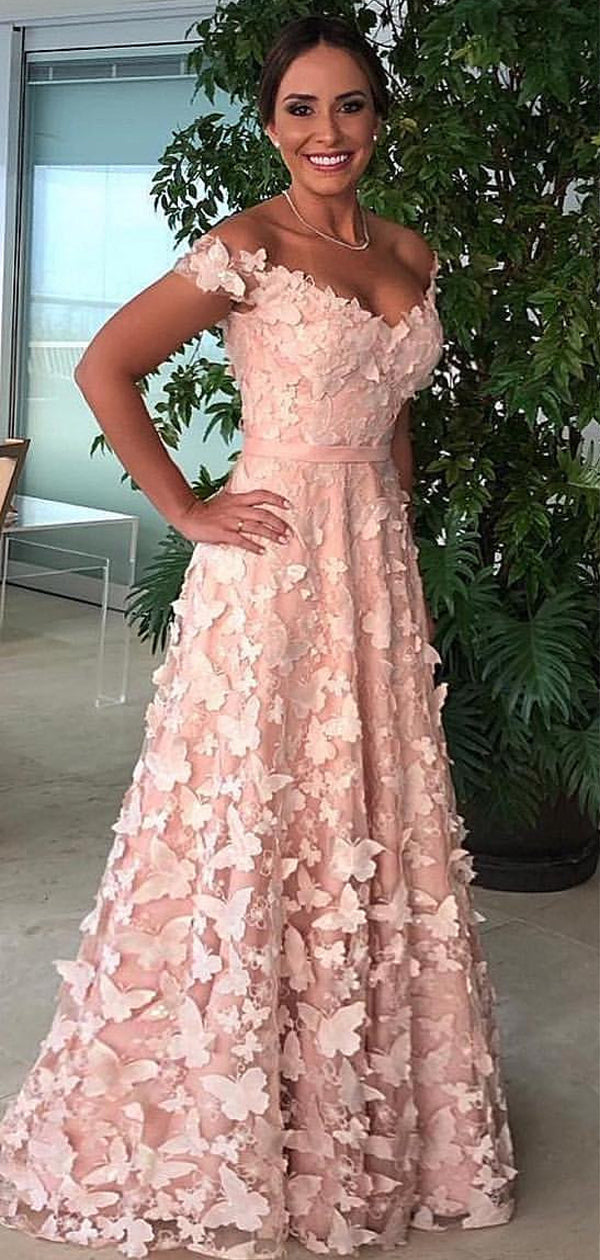 Elegant Pink Butterfly Off Shoulder A-Line Evening Dress, Wedding Guest Dress, PD00247