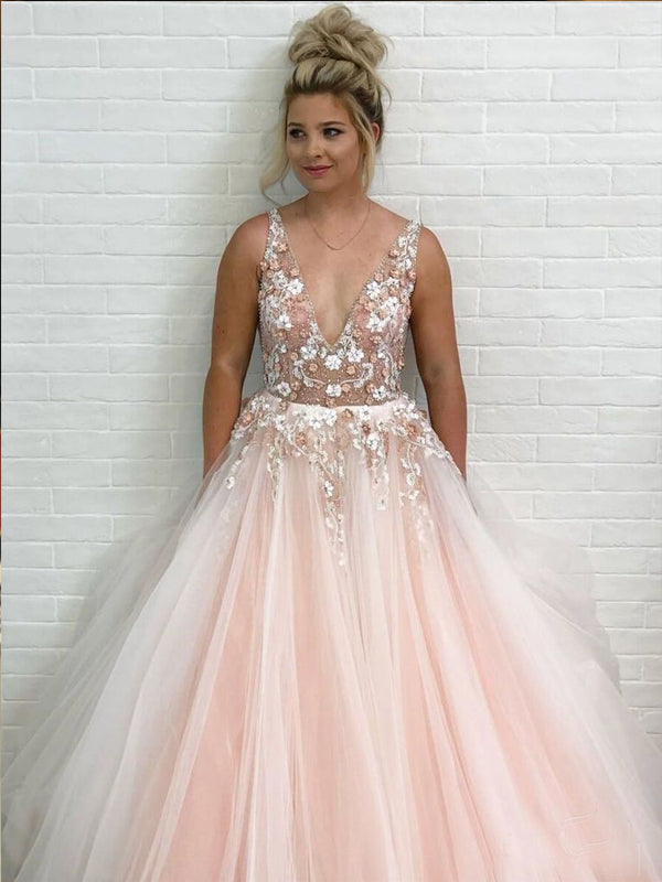 Elegant Pink Floral V-neck A-line Tulle Evening Gown, Prom Dress, PD00238
