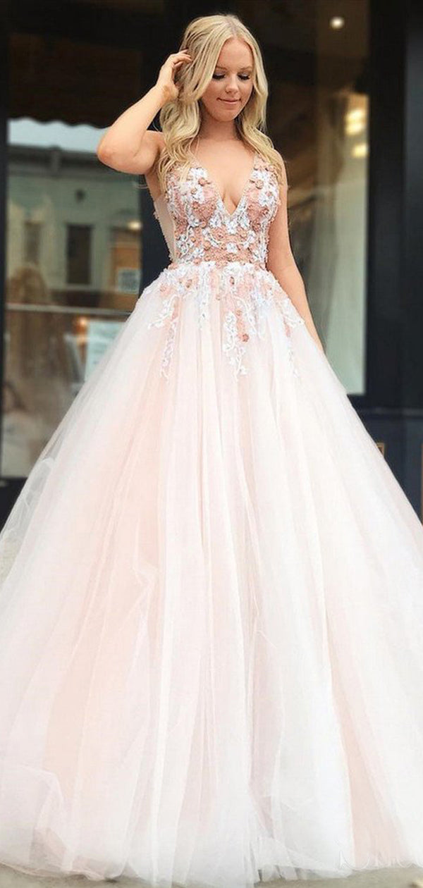 Elegant Pink Floral V-neck A-line Tulle Evening Gown, Prom Dress, PD00238