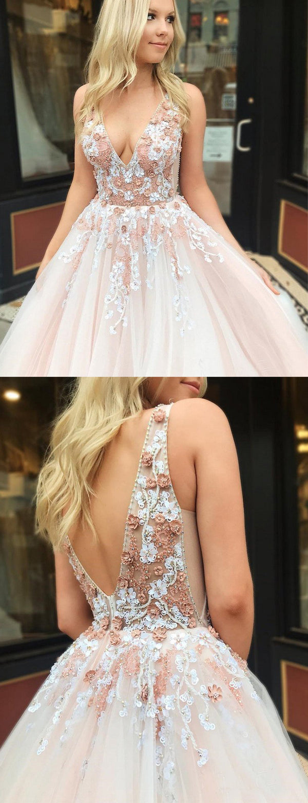 Elegant Pink Floral V-neck A-line Tulle Evening Gown, Prom Dress, PD00238