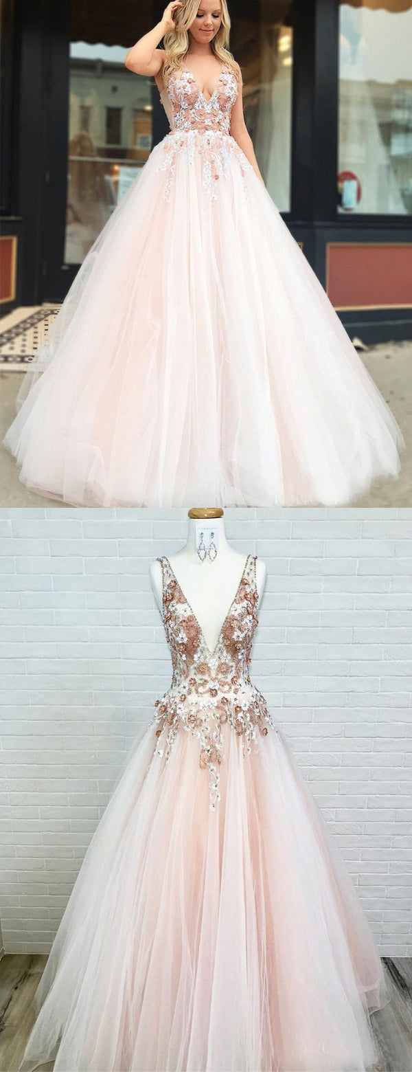Elegant Pink Floral V-neck A-line Tulle Evening Gown, Prom Dress, PD00238