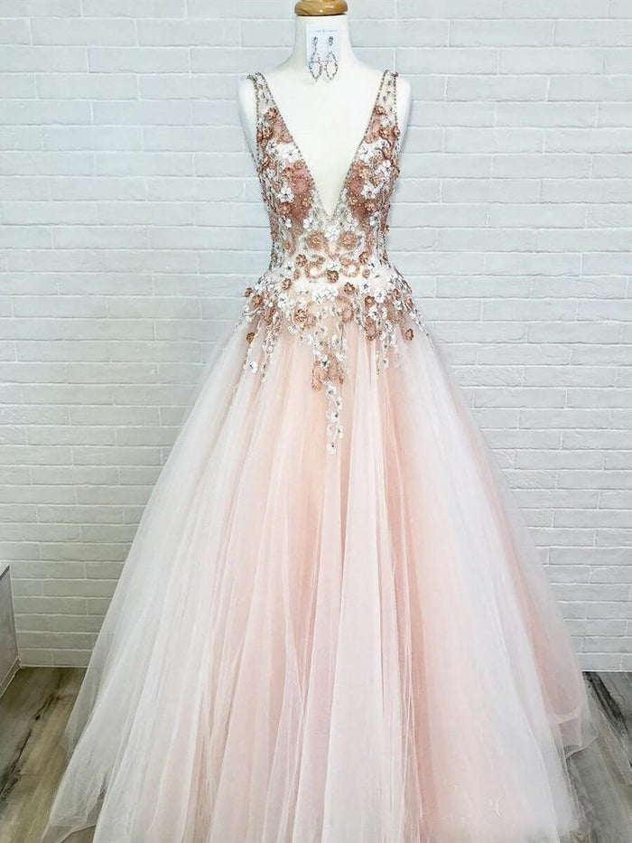 Elegant Pink Floral V-neck A-line Tulle Evening Gown, Prom Dress, PD00238