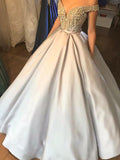 Elegant Silver Satin Beadings Off Shoulder Ball Gown Prom Dresses.PD00241