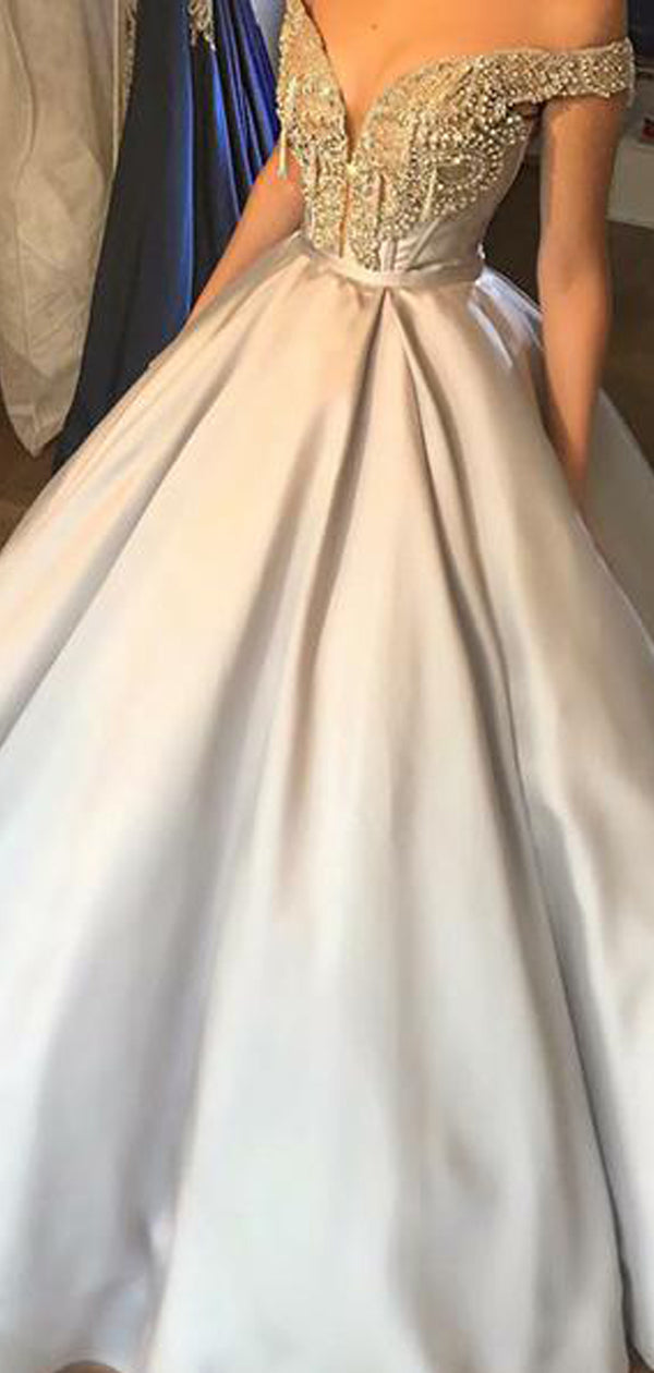 Elegant Silver Satin Beadings Off Shoulder Ball Gown Prom Dresses.PD00241