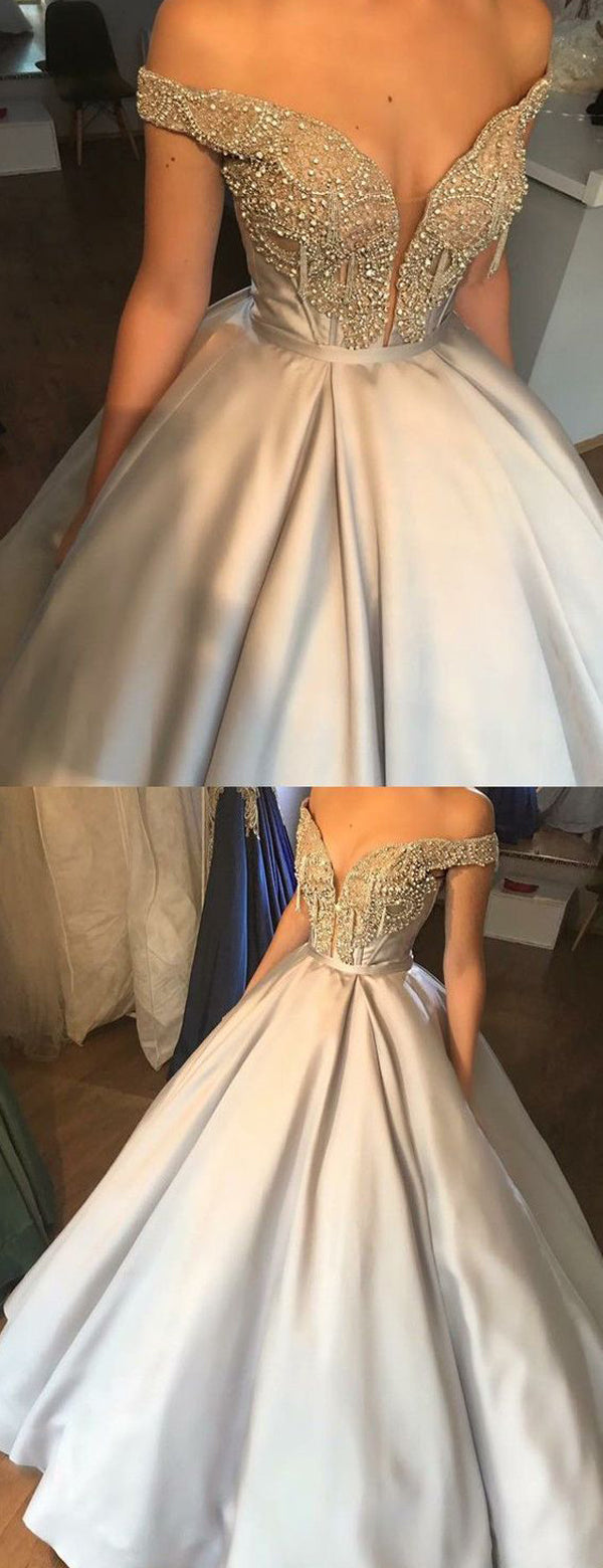 Elegant Silver Satin Beadings Off Shoulder Ball Gown Prom Dresses.PD00241