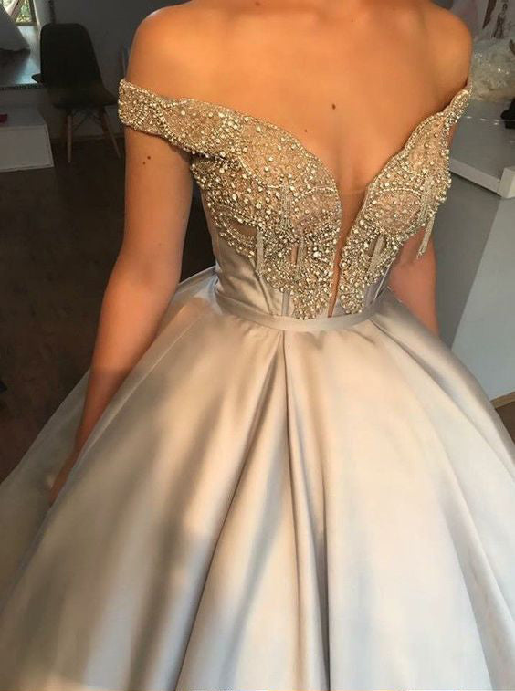 Elegant Silver Satin Beadings Off Shoulder Ball Gown Prom Dresses.PD00241