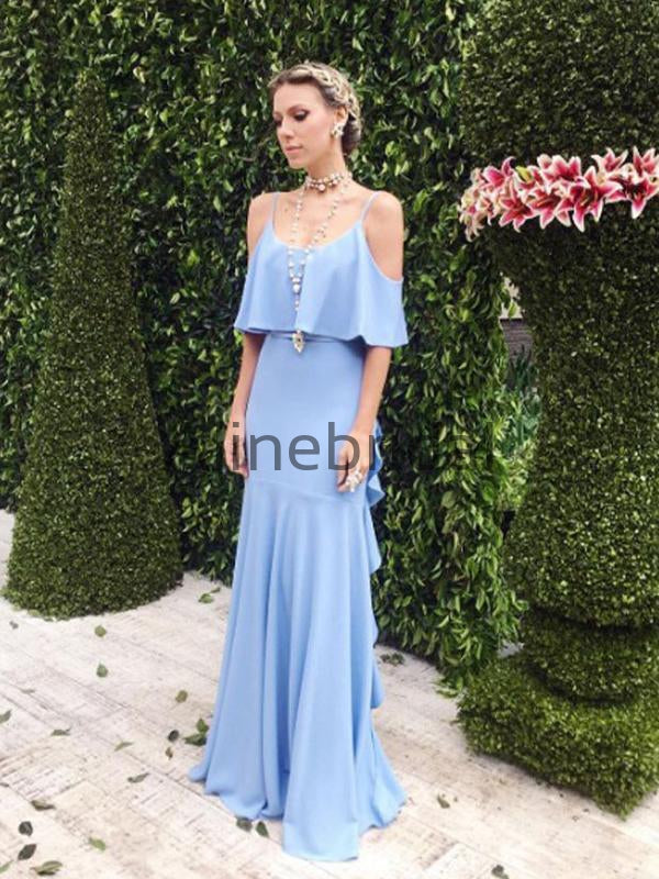 Elegant V-back Cold Shoulder Ruffles Blue Long Bridesmaid Dress for Wedding, AB4091