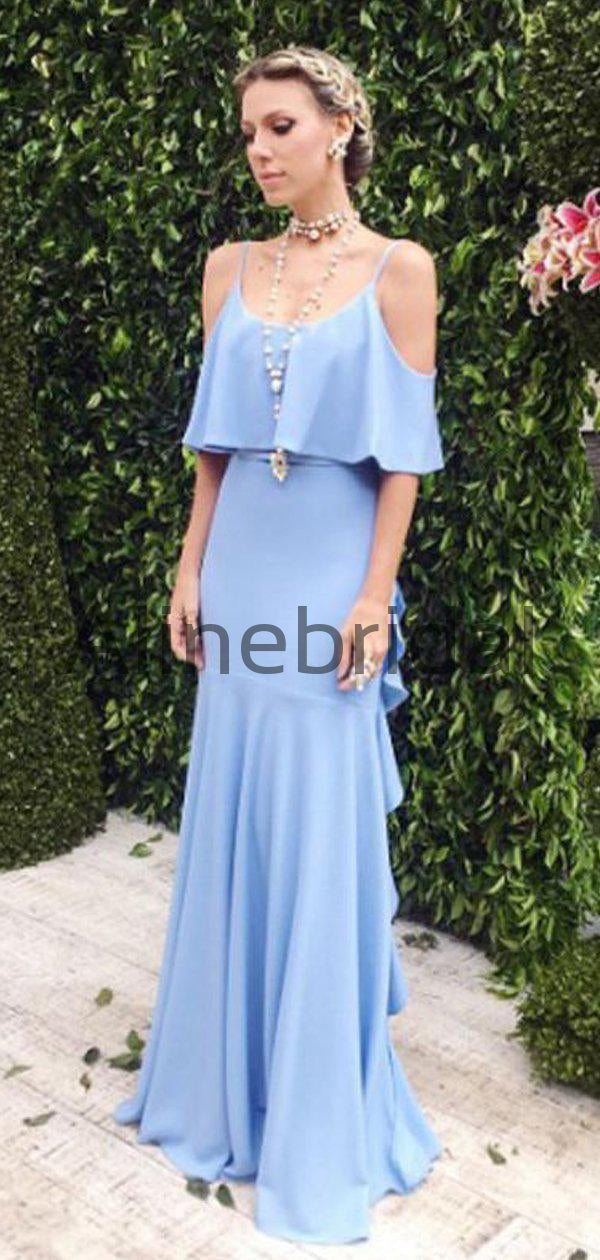 Elegant V-back Cold Shoulder Ruffles Blue Long Bridesmaid Dress for Wedding, AB4091