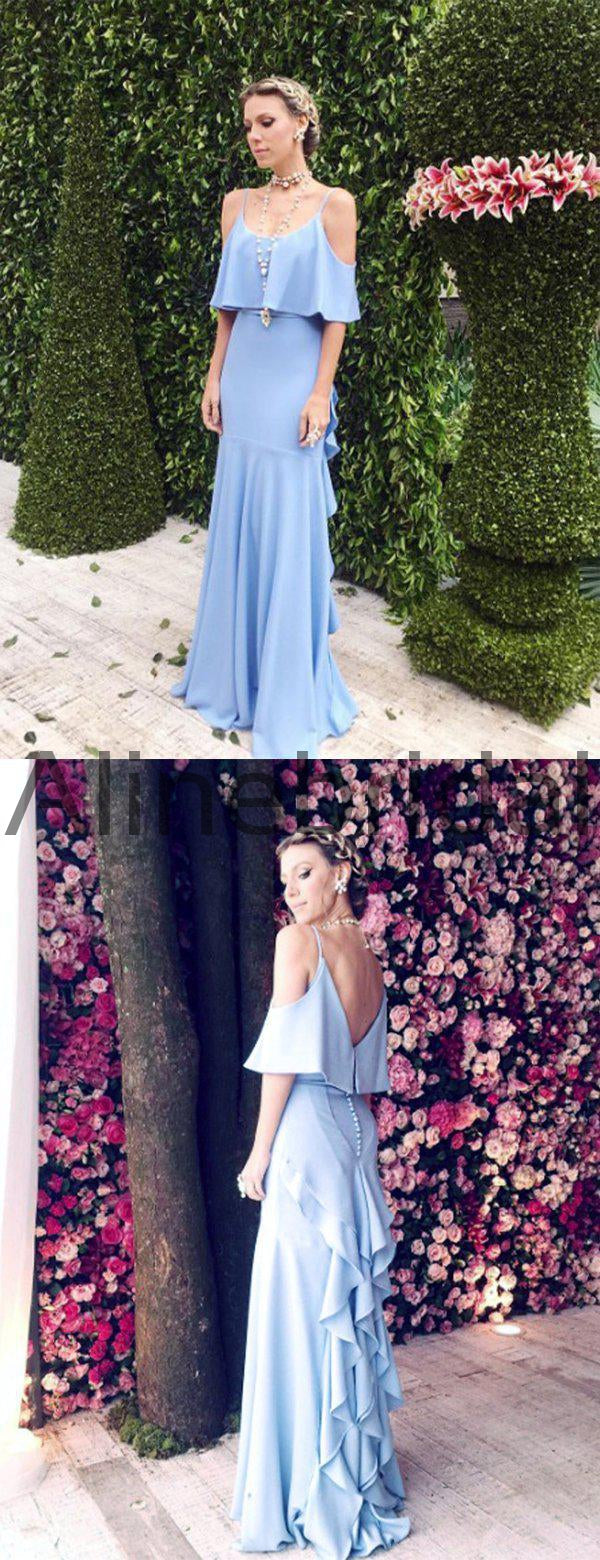 Elegant V-back Cold Shoulder Ruffles Blue Long Bridesmaid Dress for Wedding, AB4091