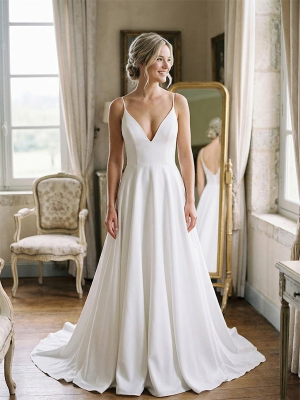 Elegant V-neck Low Back A-line Long Wedding Dress, WD3011