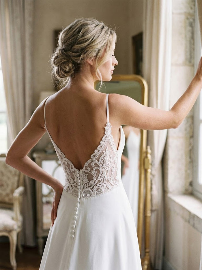 Elegant V-neck Low Back A-line Long Wedding Dress, WD3011