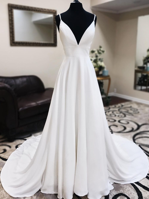 Elegant V-neck Low Back A-line Long Wedding Dress, WD3011