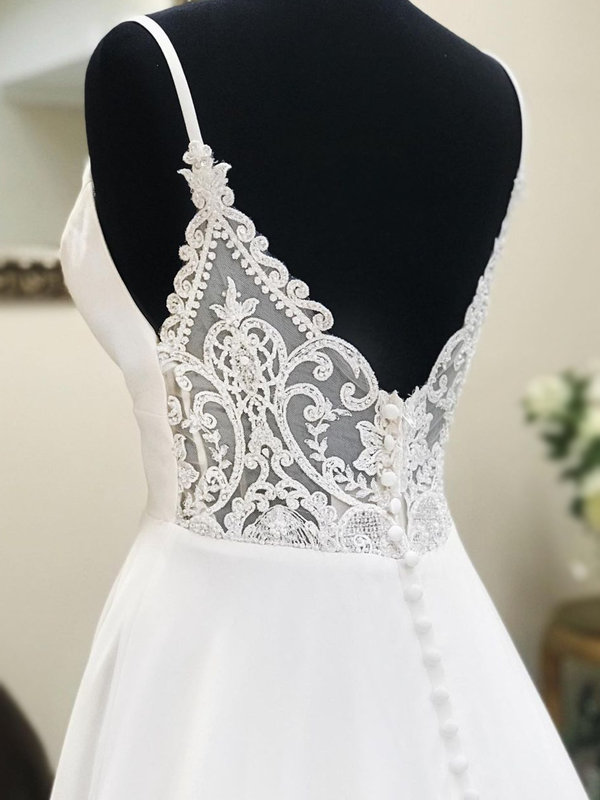 Elegant V-neck Low Back A-line Long Wedding Dress, WD3011