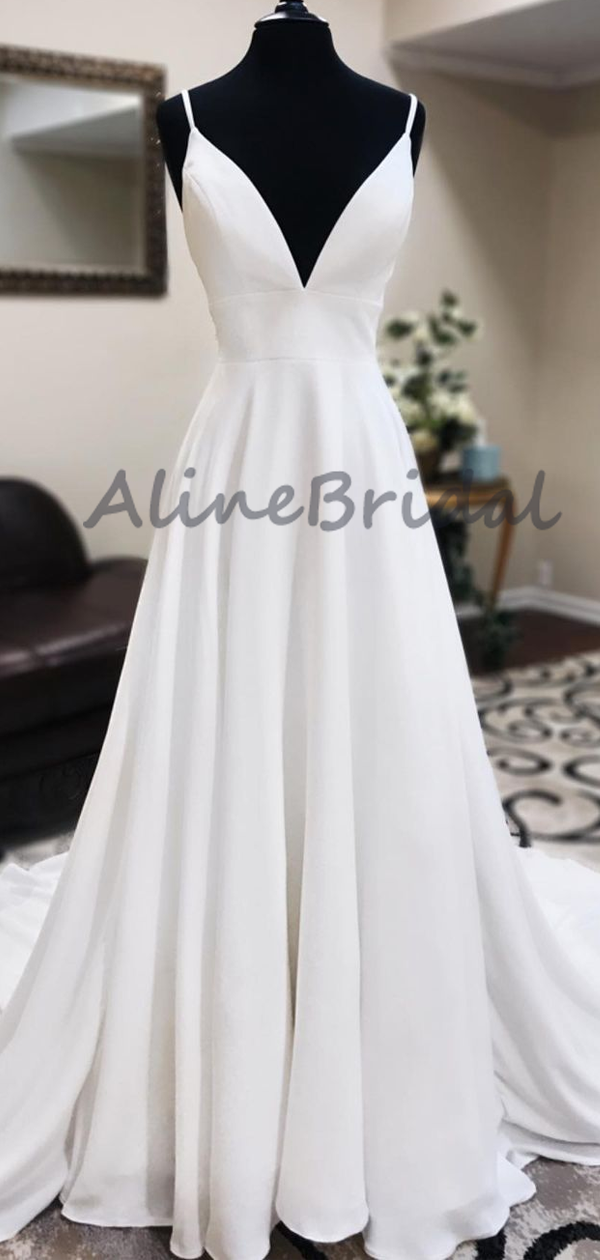 Elegant V-neck Low Back A-line Long Wedding Dress, WD3011