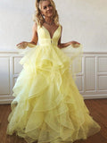 Elegant V-neck Ruffles A-line Yellow Organza Ball Gown, Evening Dress, PD00251