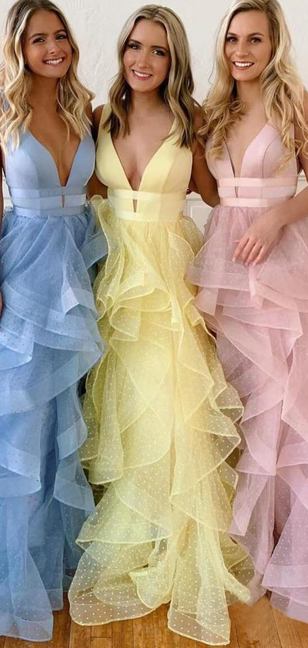 Elegant V-neck Ruffles A-line Yellow Organza Ball Gown, Evening Dress, PD00251