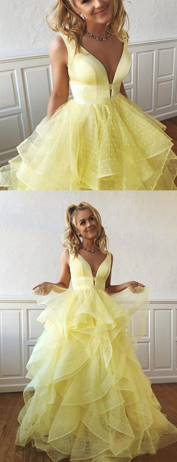 Elegant V-neck Ruffles A-line Yellow Organza Ball Gown, Evening Dress, PD00251