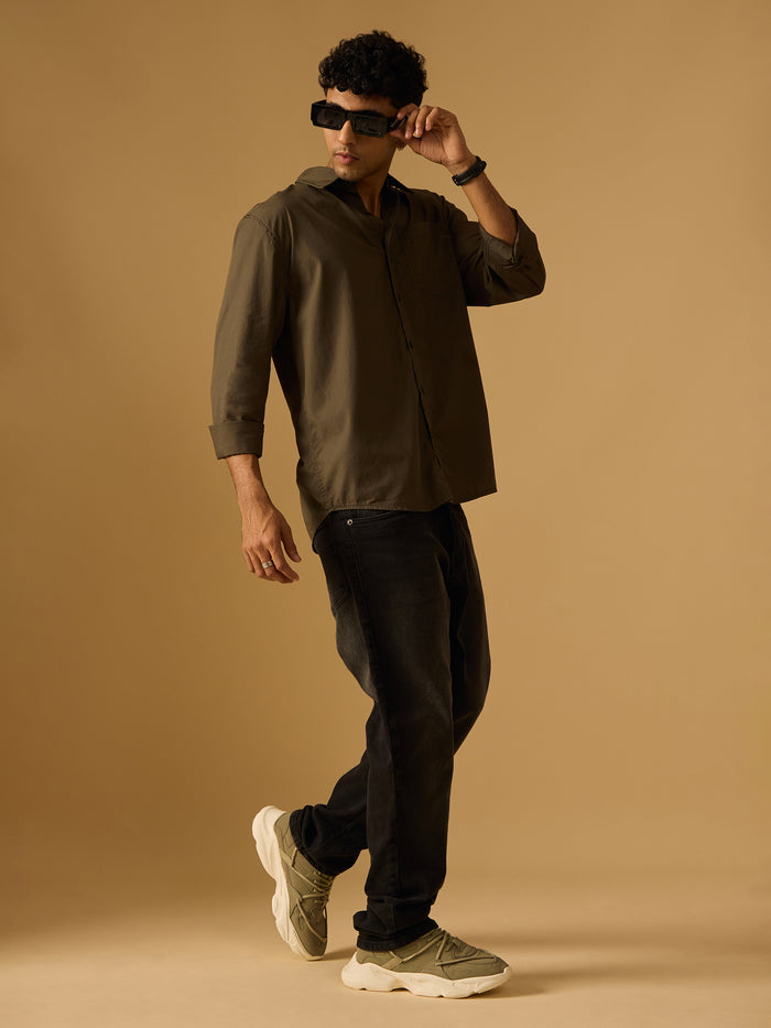 Eluded - Regular Fit Full Sleeve Poplin Shirt - Army Green