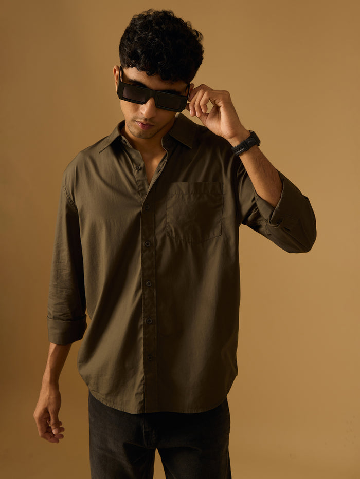 Eluded - Regular Fit Full Sleeve Poplin Shirt - Army Green